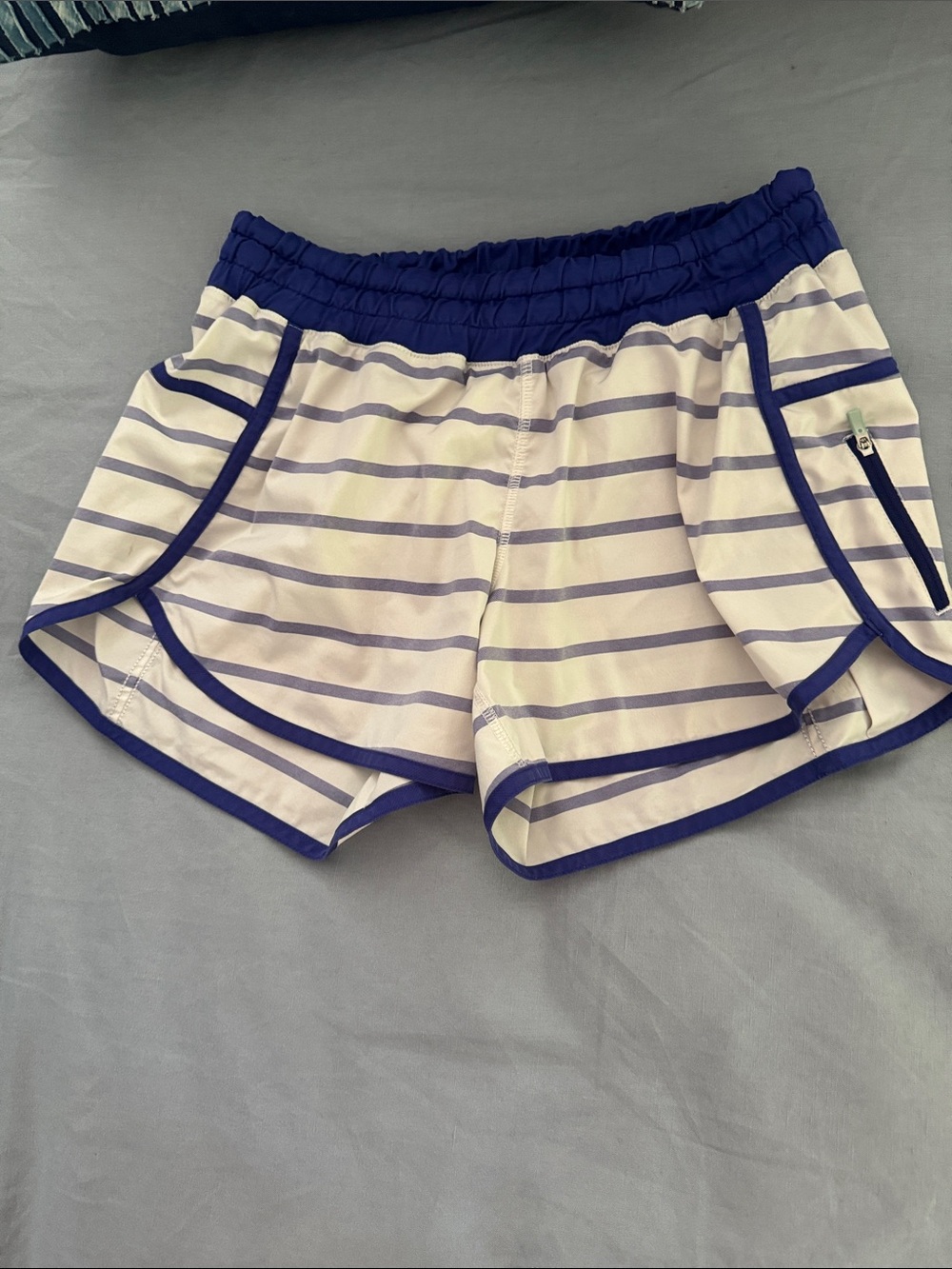 Lululemon Striped White and Blue Athletic Shorts with Elastic Waist